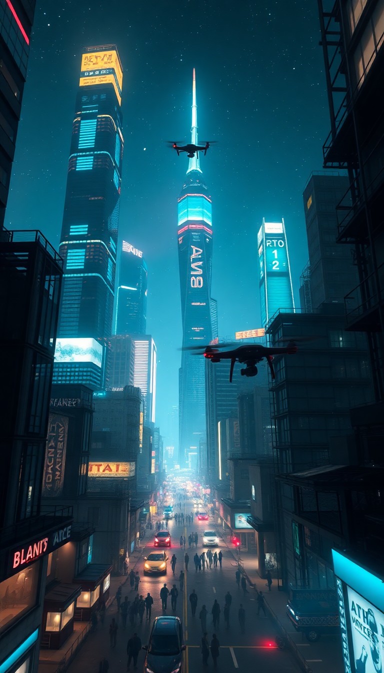 AI generated art for prompt: A futuristic cityscape at night, captured from a low aerial vantage point, showcases towering skyscr