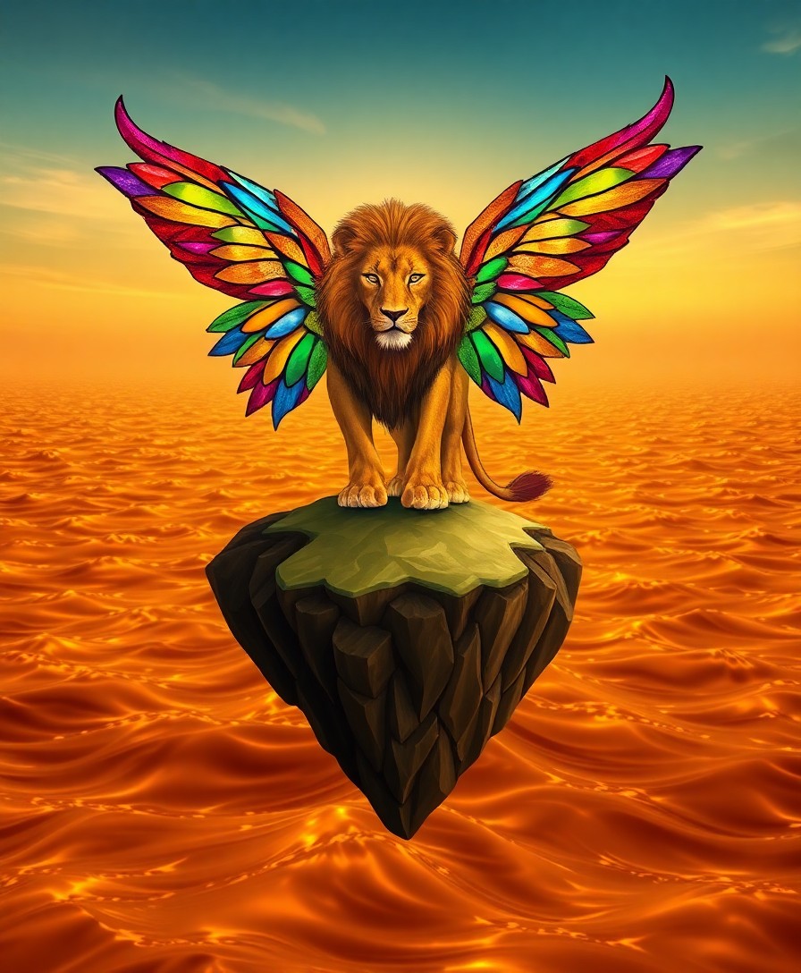 AI generated art for prompt: Craft an image in the surrealist style, depicting a dreamlike scenario where a majestic winged lion 