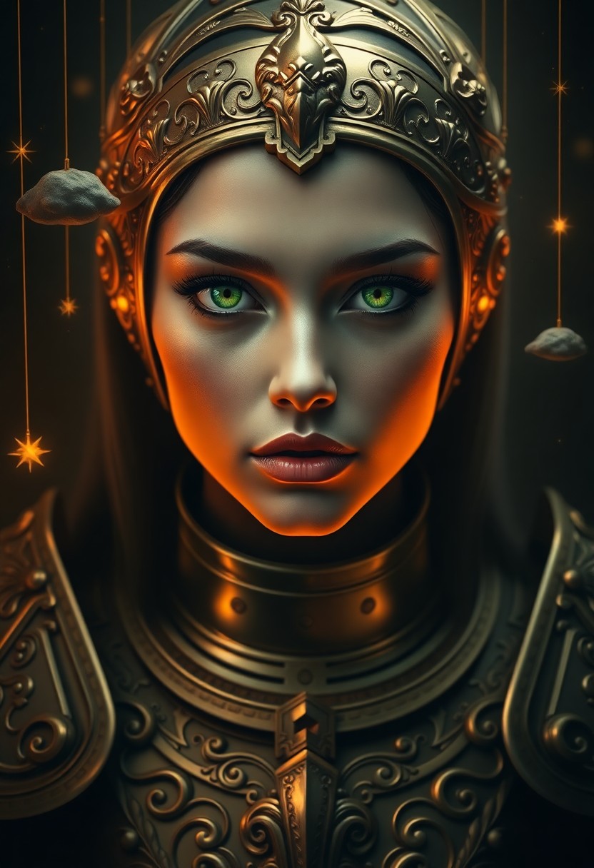 AI generated art for prompt: A mesmerizing digital art portrait captures a cryptic female figure with striking emerald eyes, enca