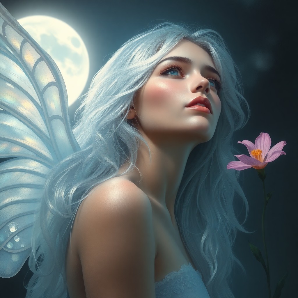 AI generated art for prompt: An ethereal portrait in the style of romantic art captures a mystical figure with cascading silver h