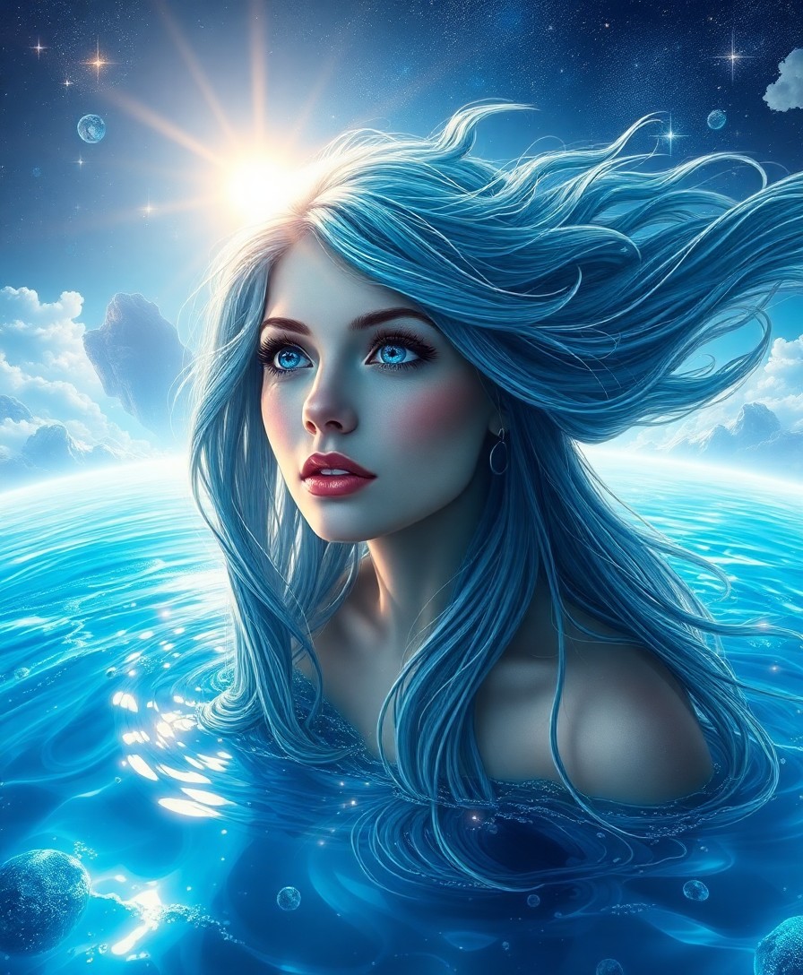 AI generated art for prompt: A captivating digital art portrait of an enigmatic water spirit emerges from a shimmering pool of ra