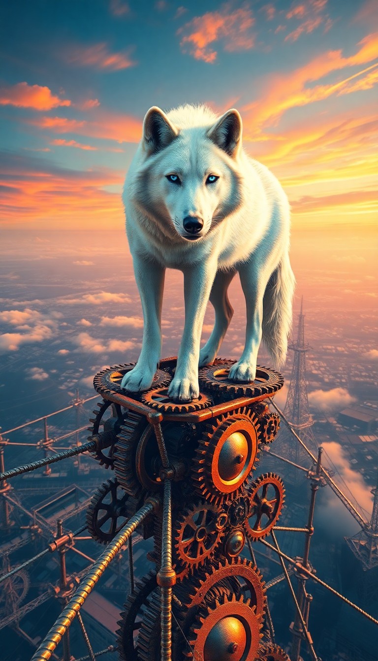 AI generated art for prompt: In this dreamlike landscape, a regal white wolf stands atop a floating, surreal construct of intertw