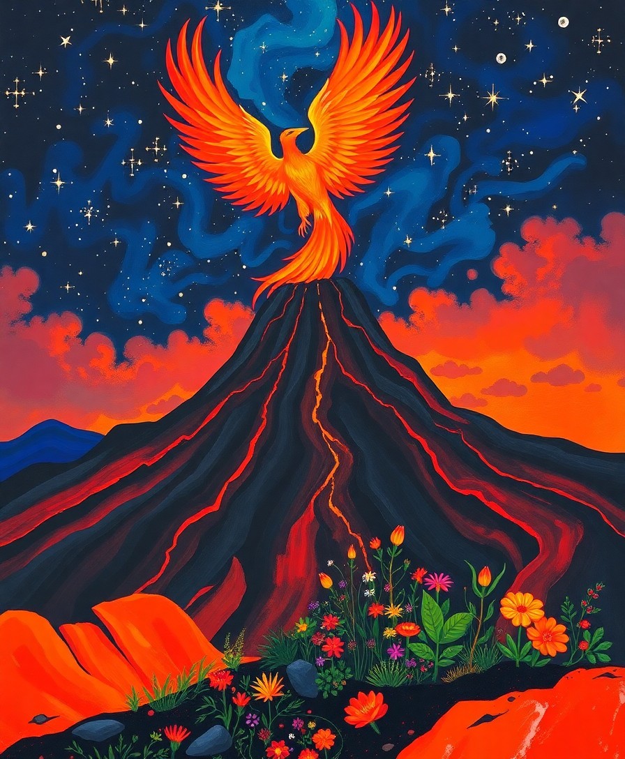 AI generated art for prompt: In the realm of surrealistic dreamscapes, envision a majestic phoenix ascending from an active volca