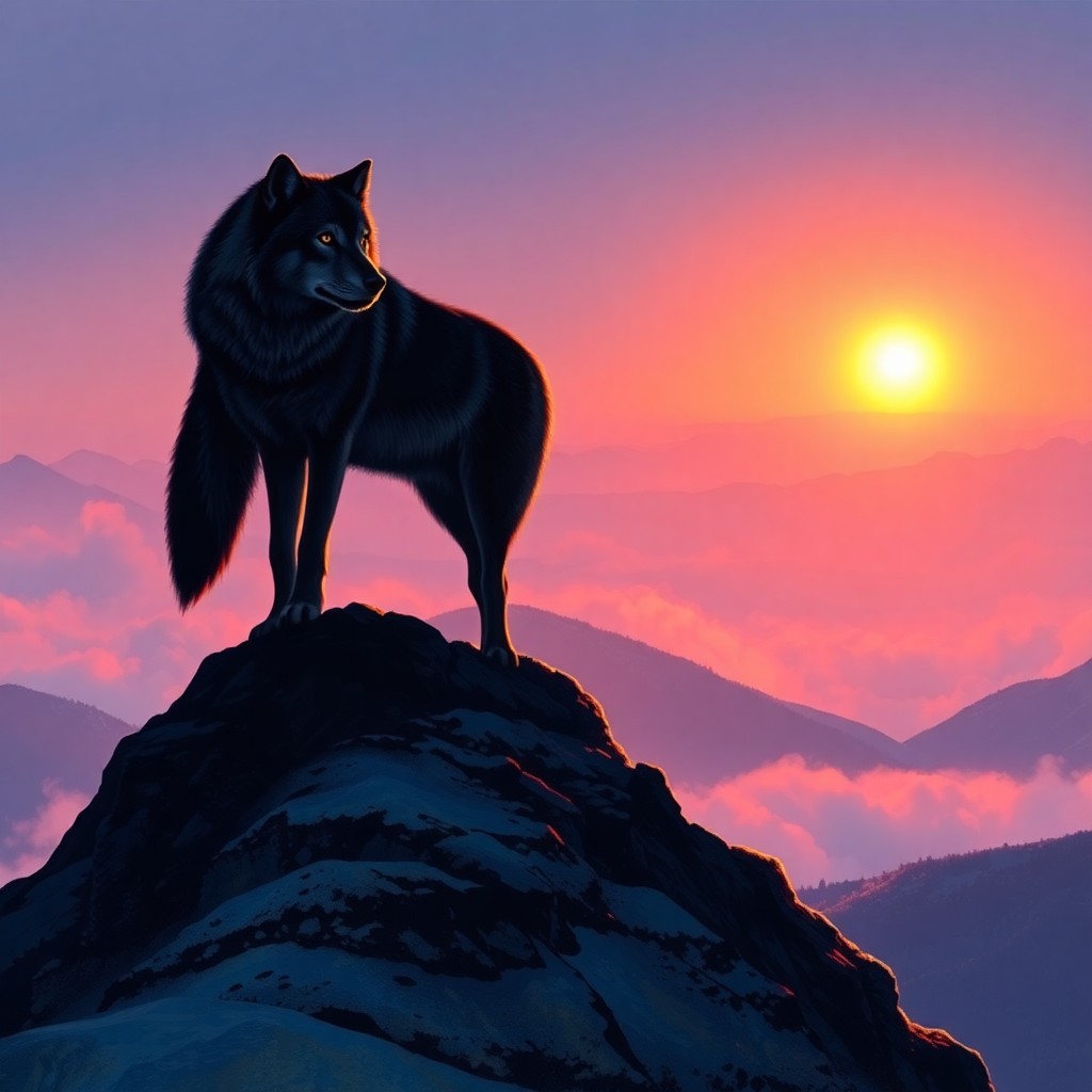 AI generated art for prompt: A striking image depicts a lone wolf standing atop a mist-covered mountain peak illuminated by the w