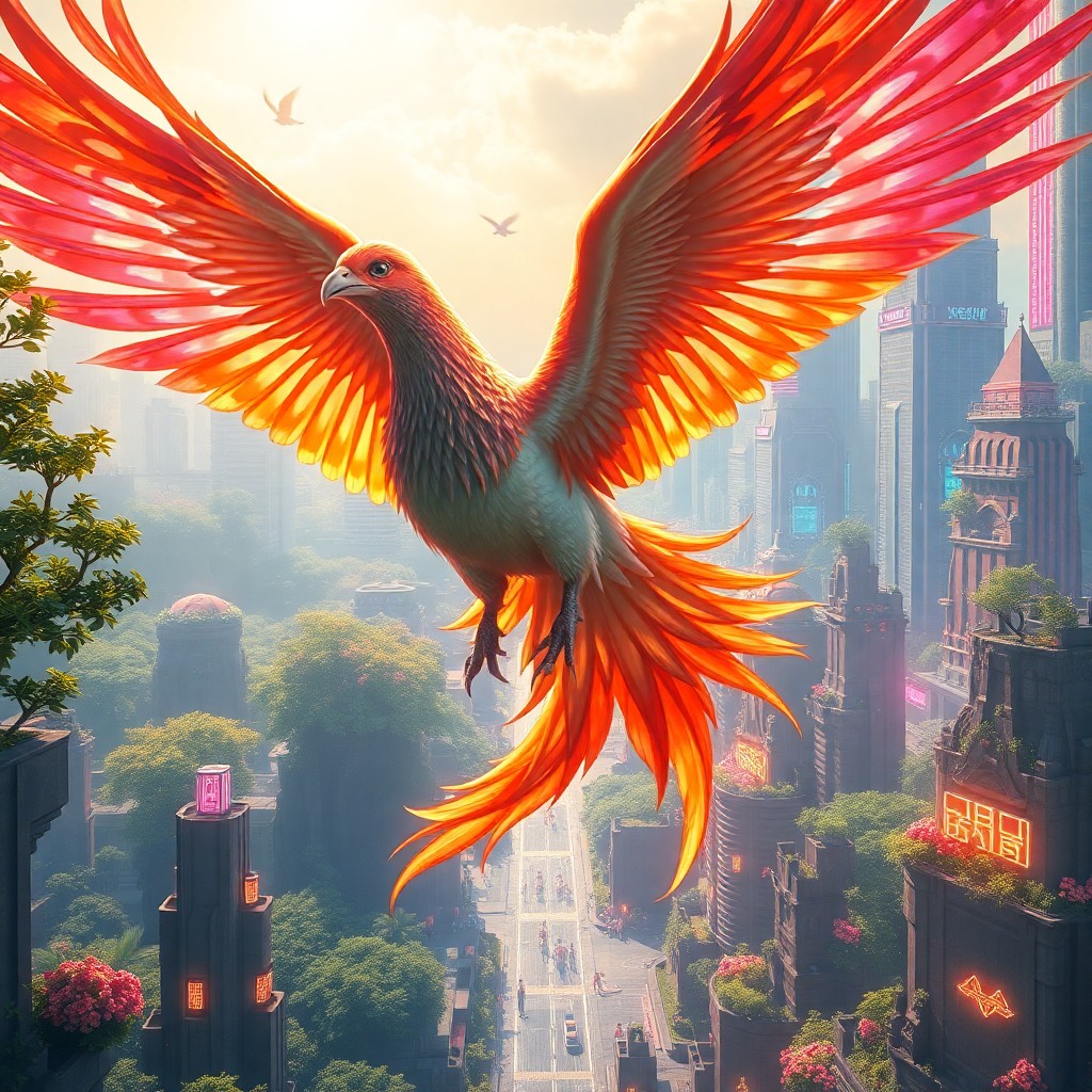 AI generated art for prompt: A dreamlike image depicts a magnificent phoenix in flight, soaring through an intricate landscape wh