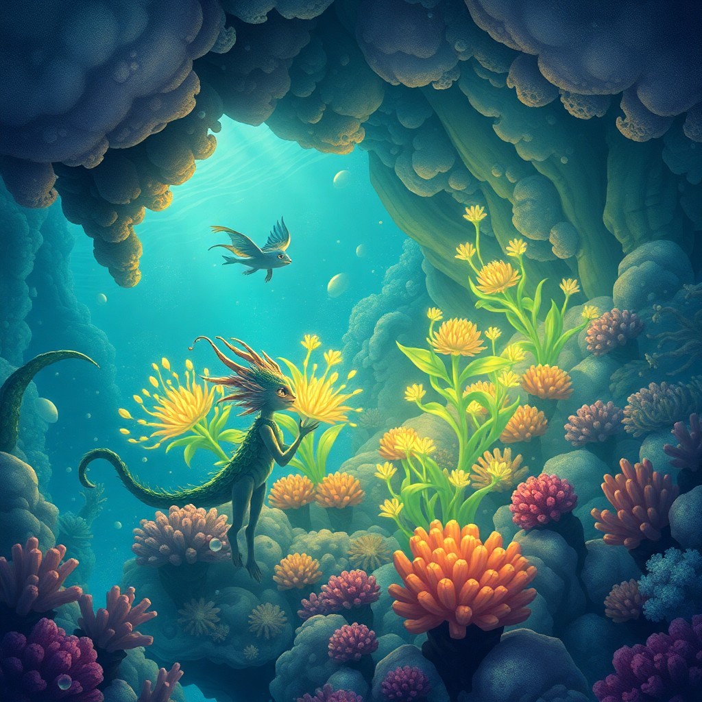 AI generated art for prompt: Craft an image in the manner of highly detailed illustrations, portraying a whimsical underwater rea