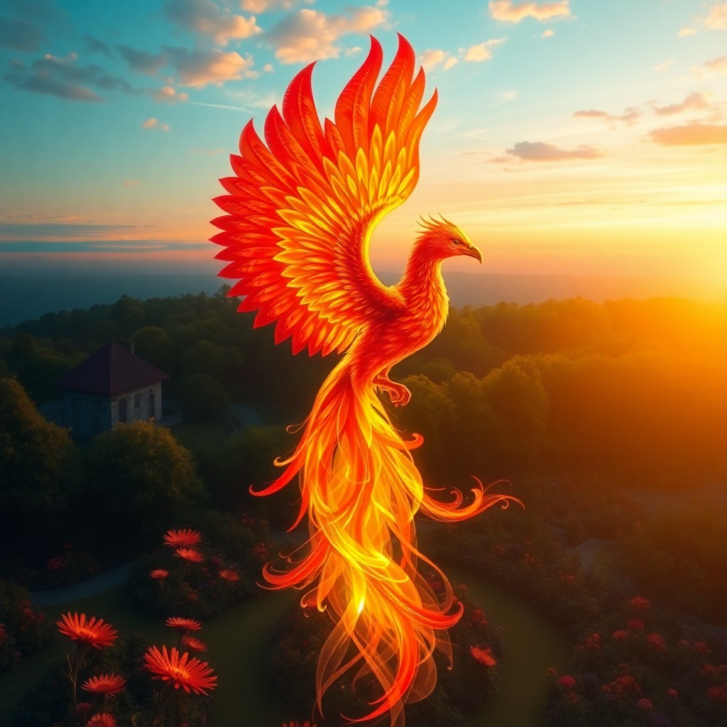 AI generated art for prompt: Envision a digital masterpiece portraying a resplendent phoenix rising from its ashes in an idyllic 