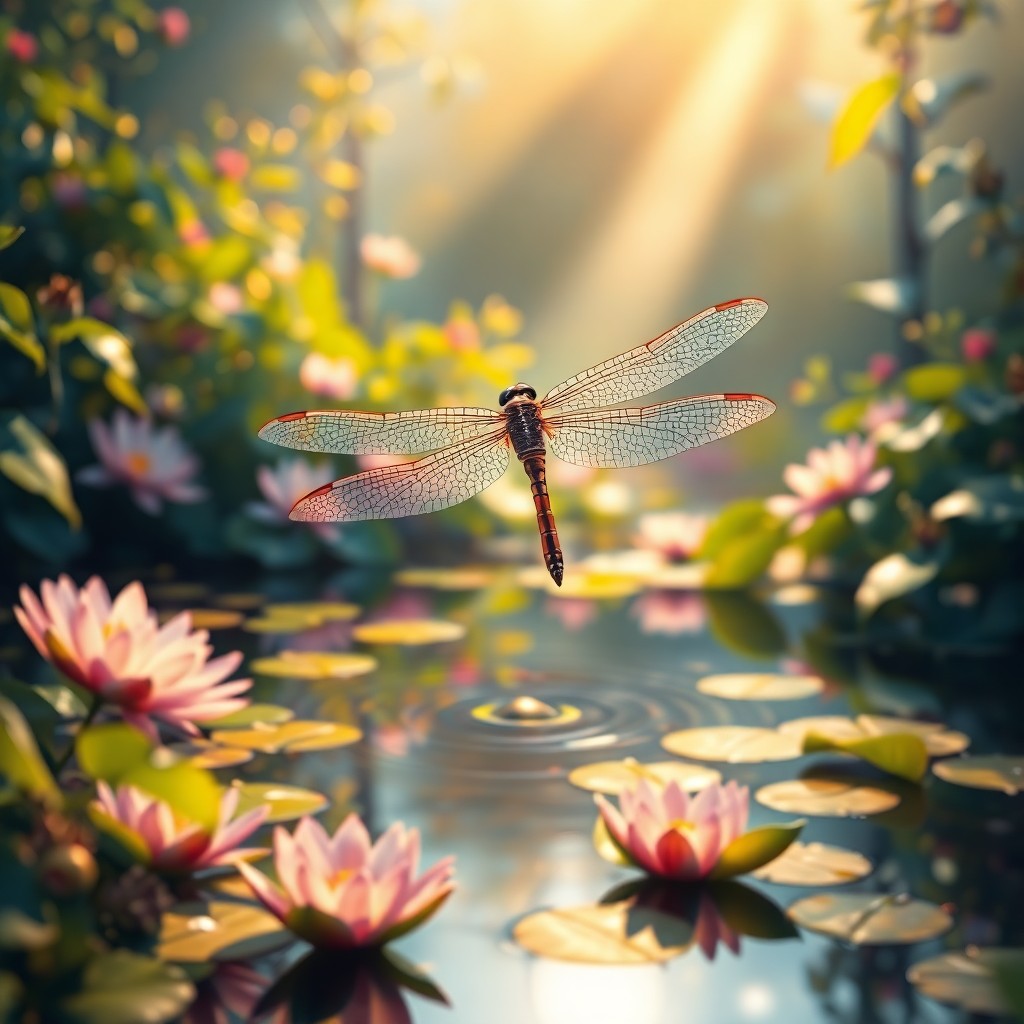 AI generated art for prompt: Imagine an enchanting digital artwork depicting a dragonfly's perspective above a tranquil pond, rem