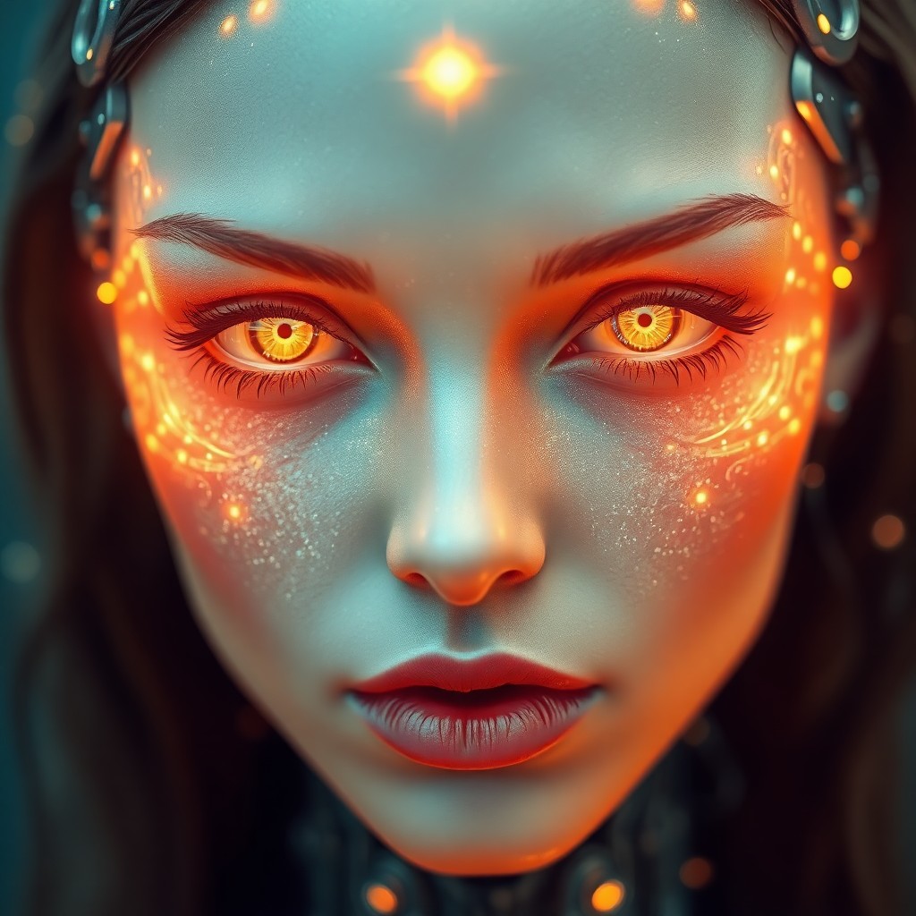 AI generated art for prompt: A captivating digital art portrait of an android woman with shimmering skin, reminiscent of the ench