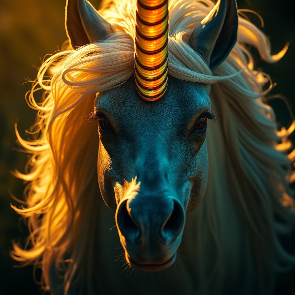 AI generated art for prompt: A close-up portrait depicting an awe-inspiring mythical creature with an iridescent horn reflecting 