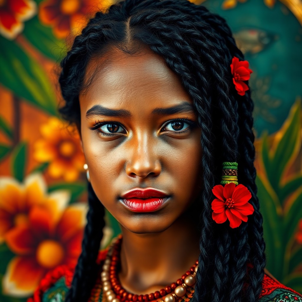 AI generated art for prompt: A mesmerizing close-up portrait showcases a young woman with dark, intricately braided hair and deep