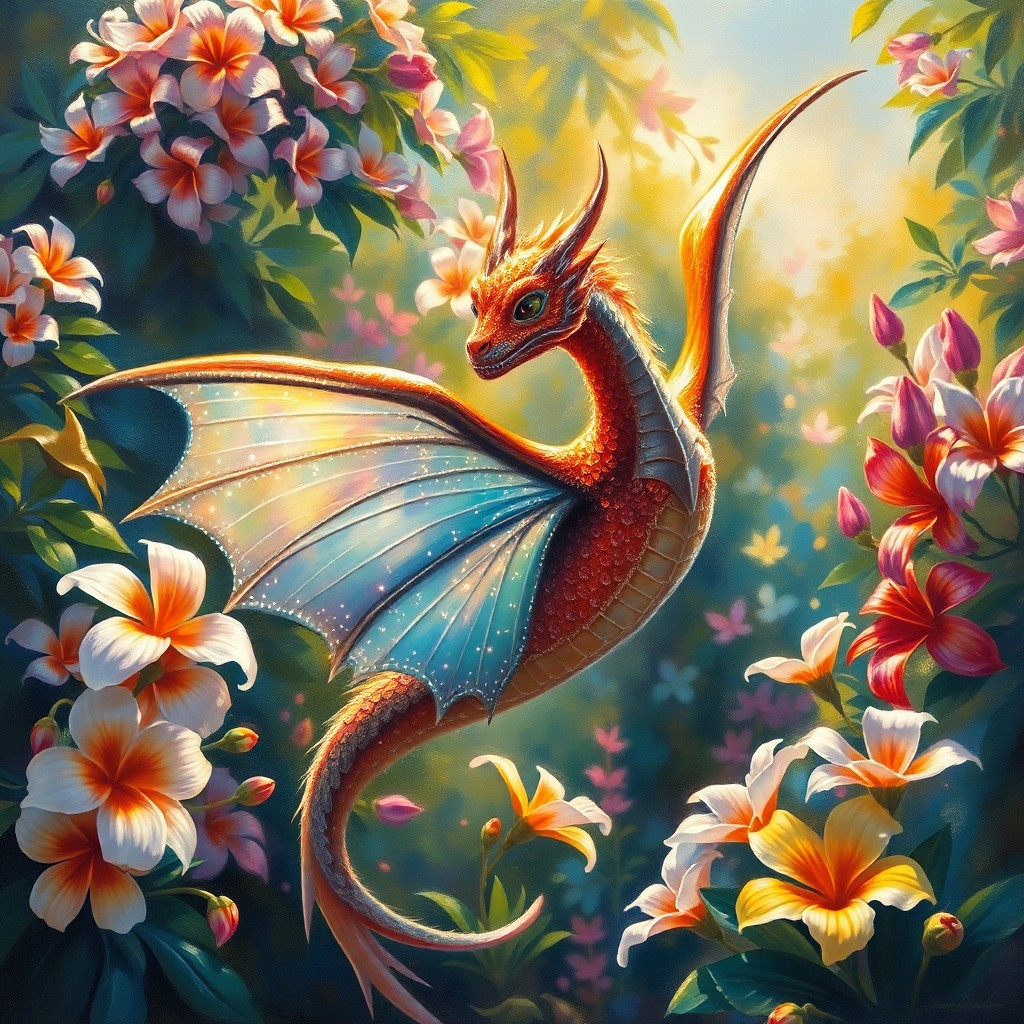 AI generated art for prompt: A captivating oil painting showcases an enchanting fusion between a regal dragon and a graceful butt