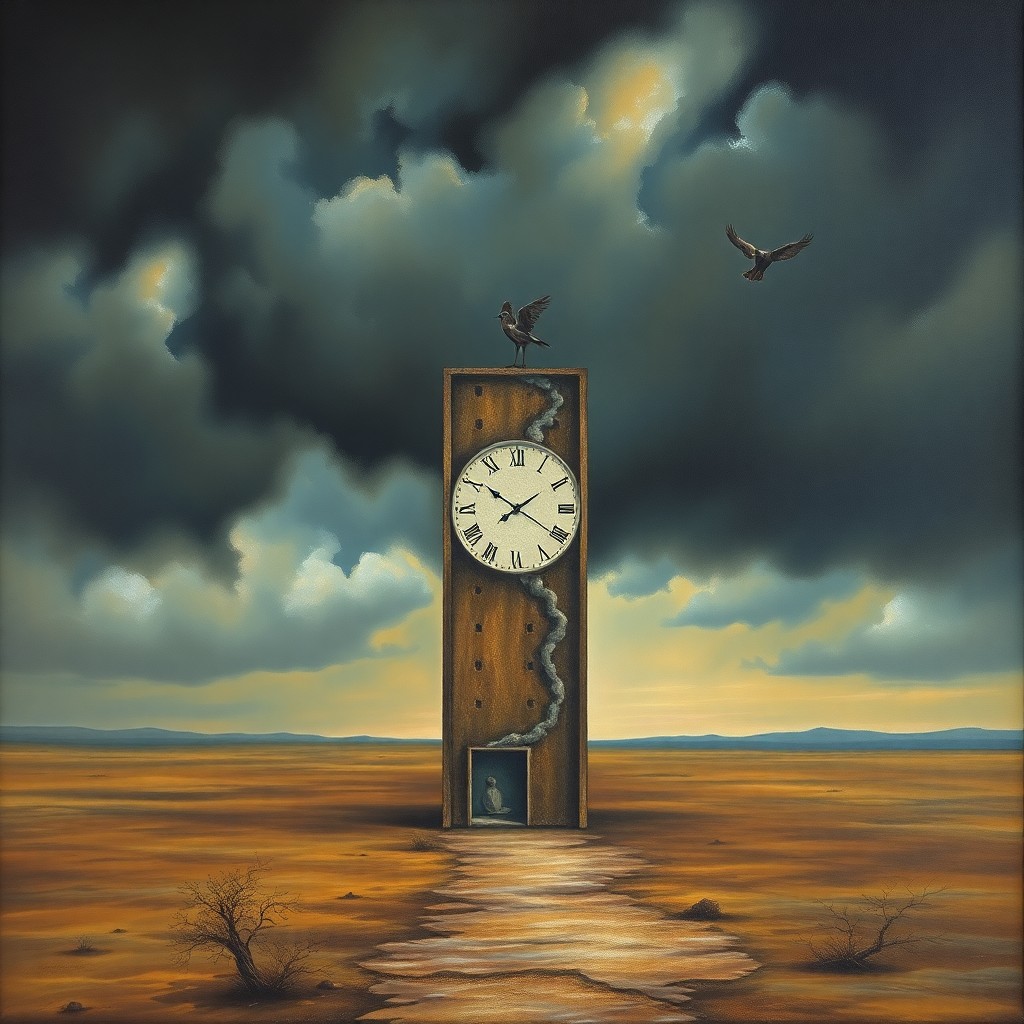 AI generated art for prompt: A surreal oil painting captures an enigmatic tower amidst a barren landscape under a brooding sky. T