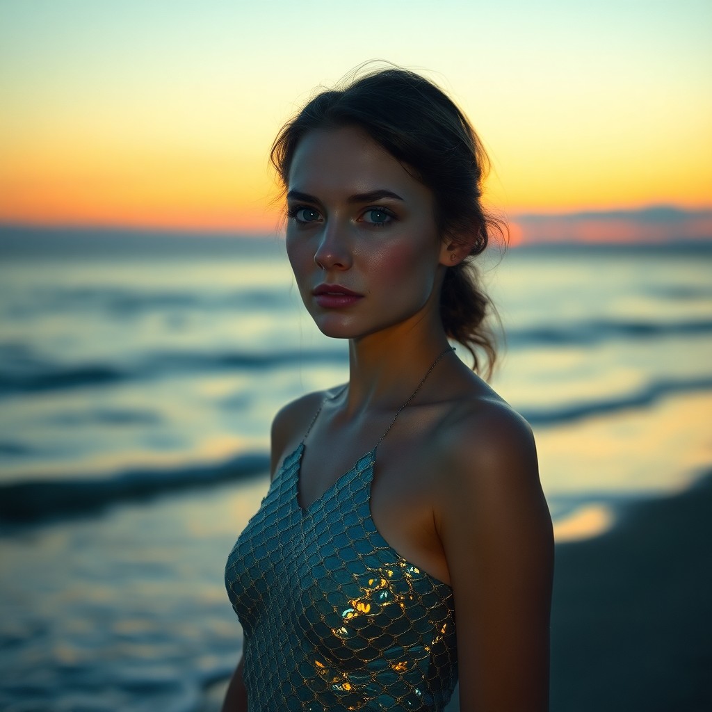 AI generated art for prompt: A portrait of a captivating half-human, half-sea creature woman is depicted in a style reminiscent o