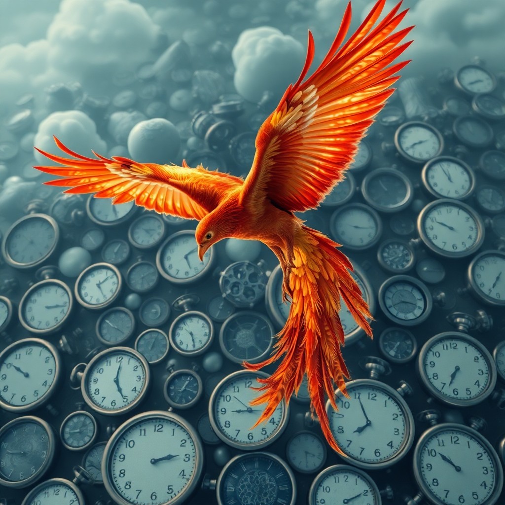 AI generated art for prompt: A surreal digital artwork depicting an awe-inspiring phoenix soaring through a mesmerizing dreamscap