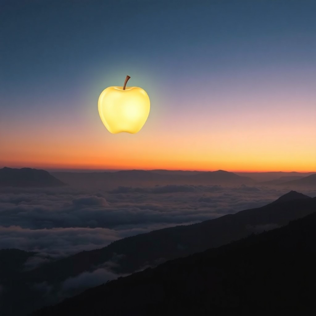 AI generated art for prompt: In the spirit of surrealist painters, capture an enigmatic scene where a luminescent fruit hovers in