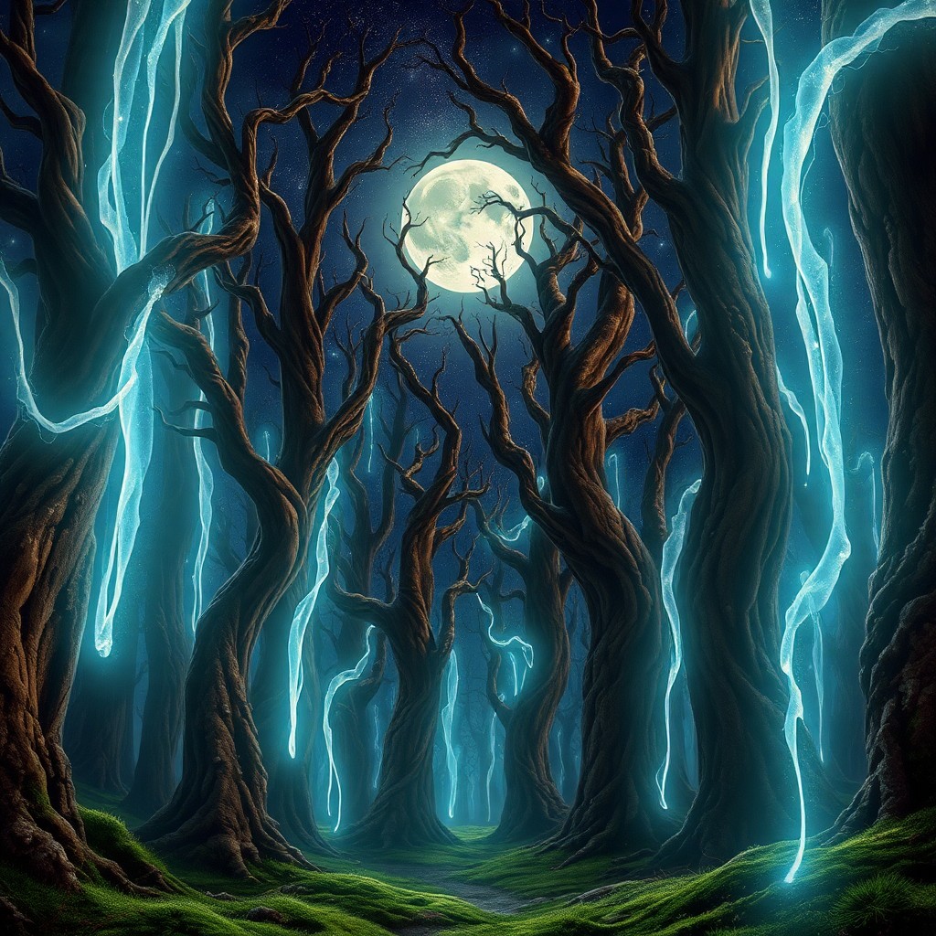 AI generated art for prompt: Imagine an intricately detailed digital artwork depicting a surreal moonlit forest with towering, tw