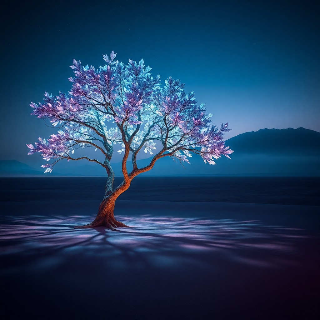 AI generated art for prompt: Imagine a surreal landscape where an awe-inspiring tree with shimmering leaves in hues of lavender, 