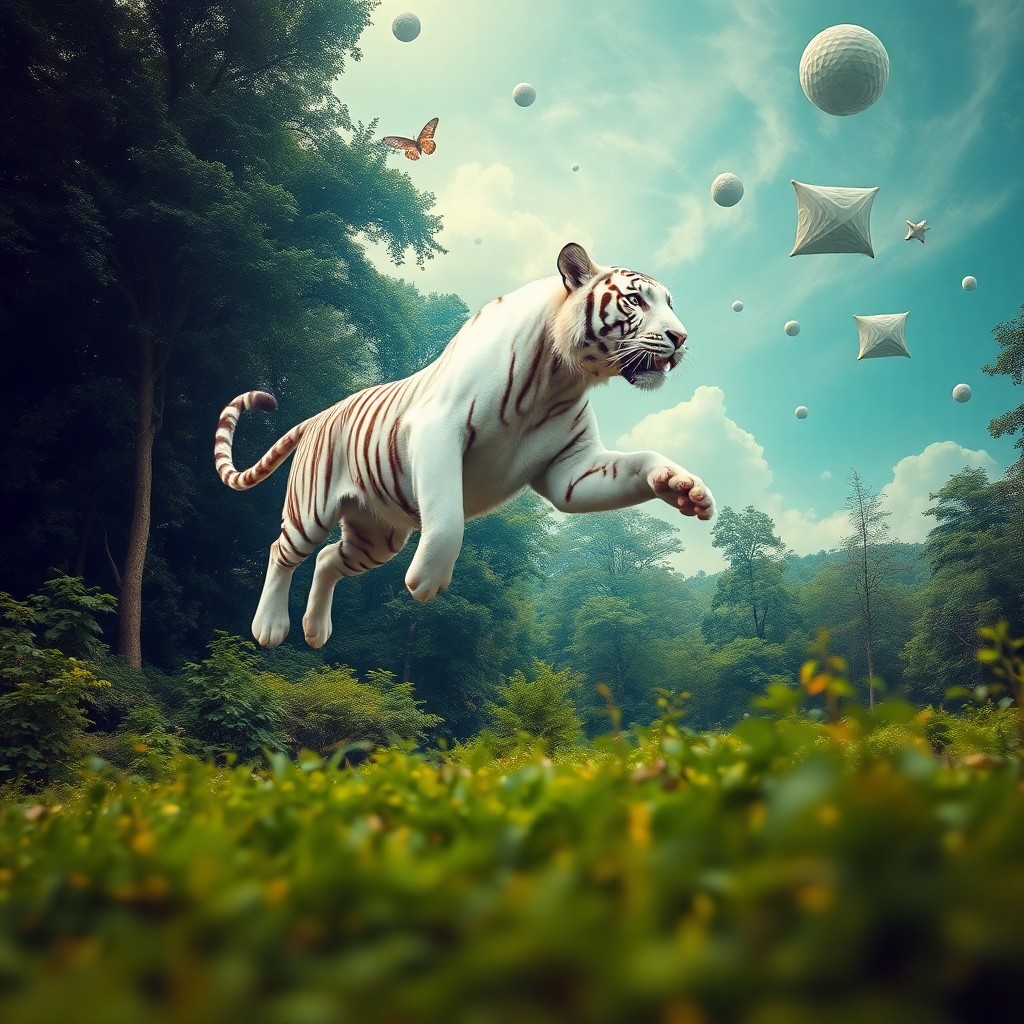 AI generated art for prompt: A dreamlike landscape unfurls, showcasing a magnificent white tiger gracefully leaping amidst an exp