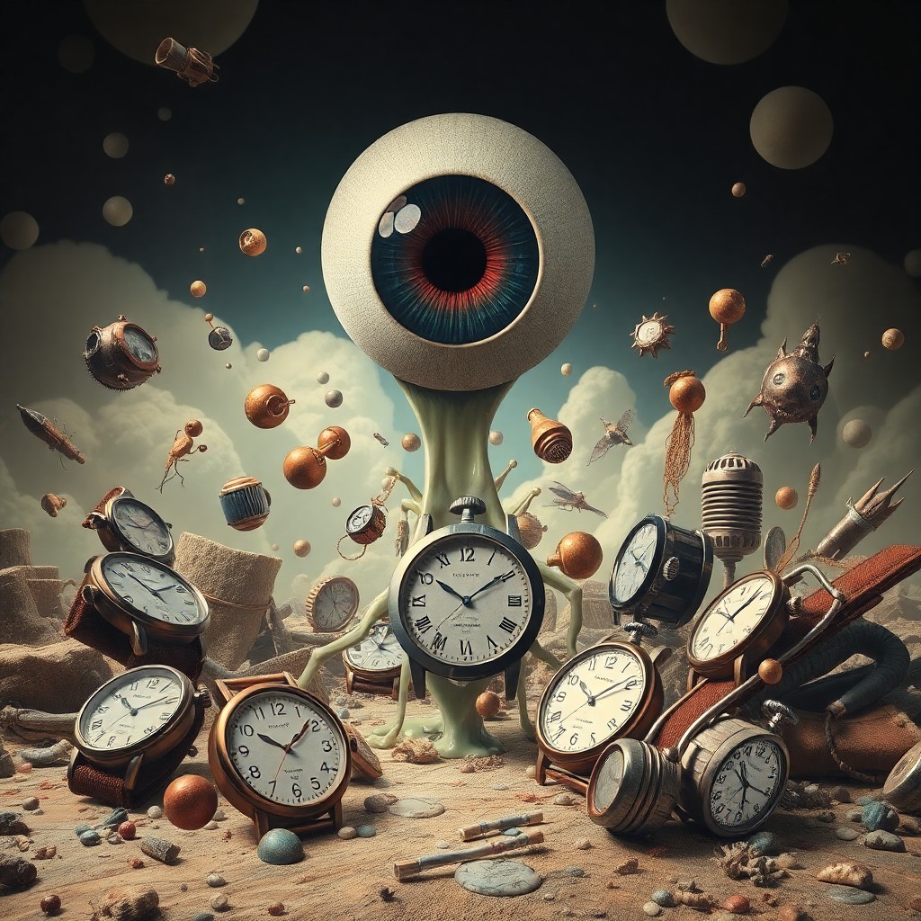 AI generated art for prompt: Incorporate surrealism with an insect's perspective to create an image where melting timepieces and 