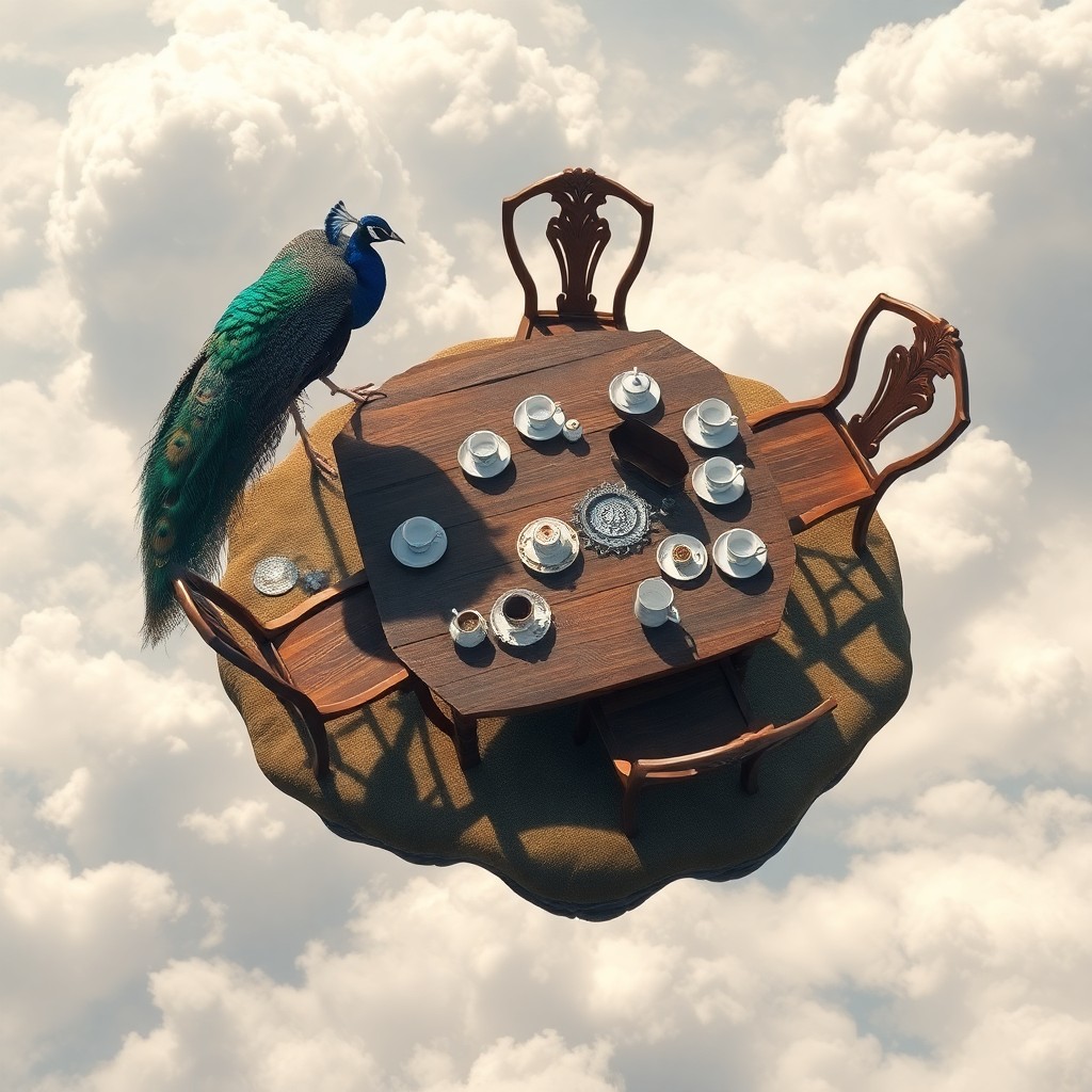 AI generated art for prompt: A dreamlike aerial view captures a whimsical tea party unfolding on an ethereal floating island amid