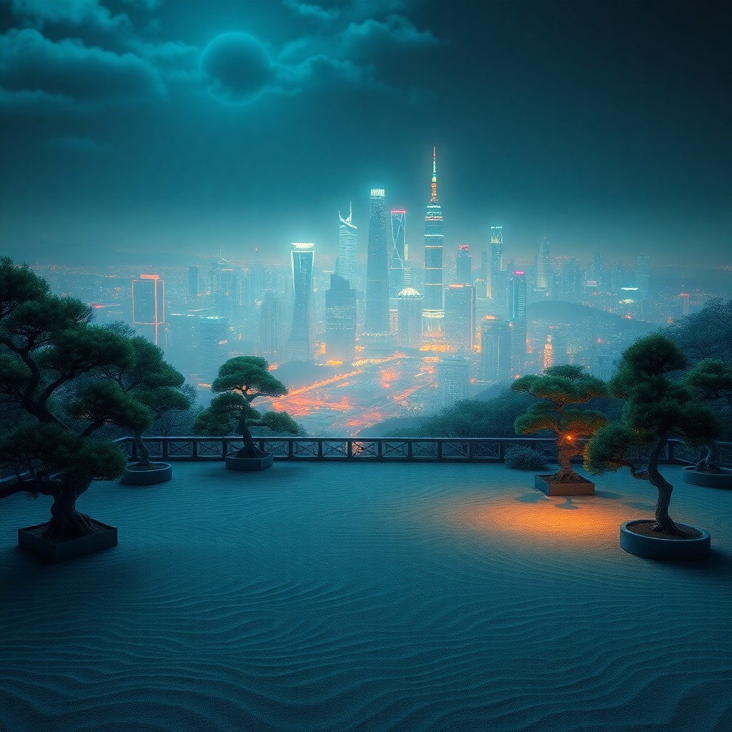 AI generated art for prompt: A mesmerizing digital artwork showcases a serene Zen garden in the foreground, adorned with meticulo