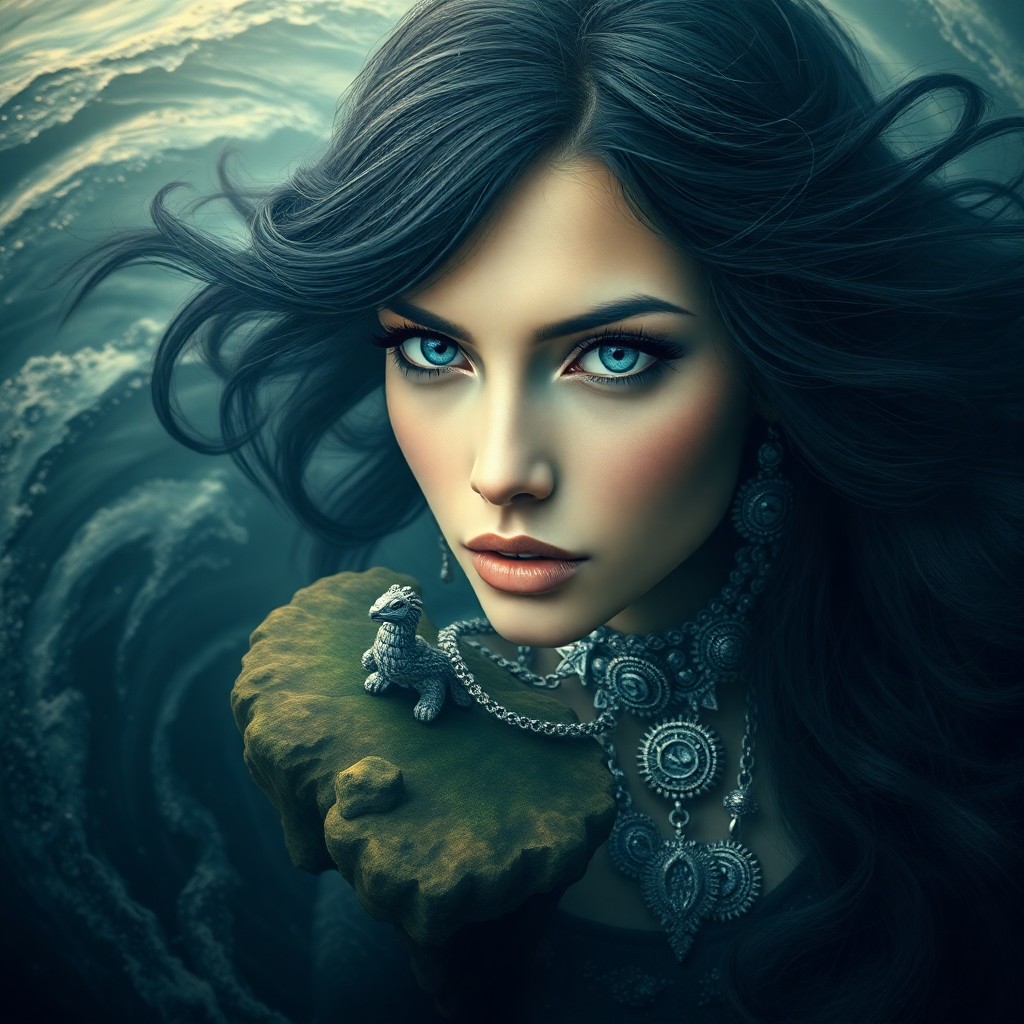 AI generated art for prompt: An enigmatic woman with piercing blue eyes and flowing dark tresses adorned in intricate silver jewe