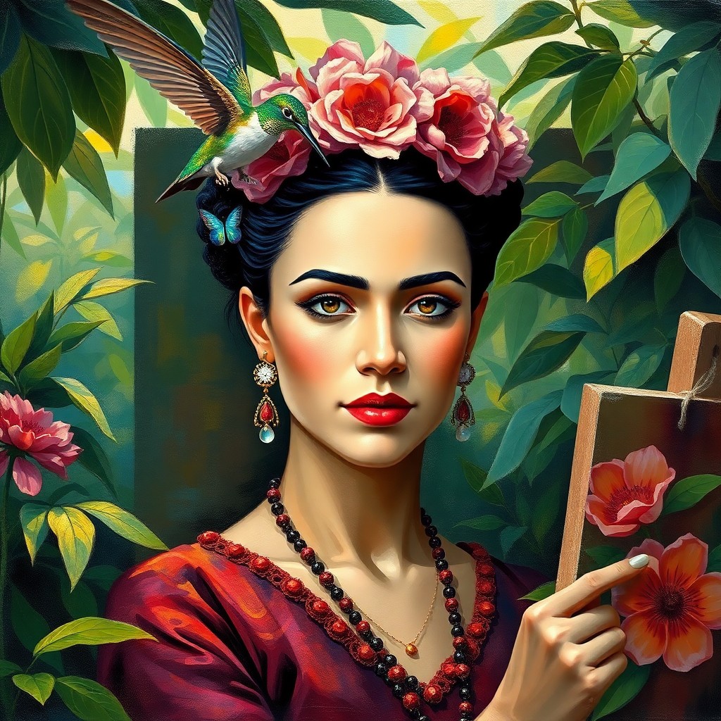 AI generated art for prompt: Craft an image that merges the passionate intensity of Kahlo's style with impressionist flair, focus