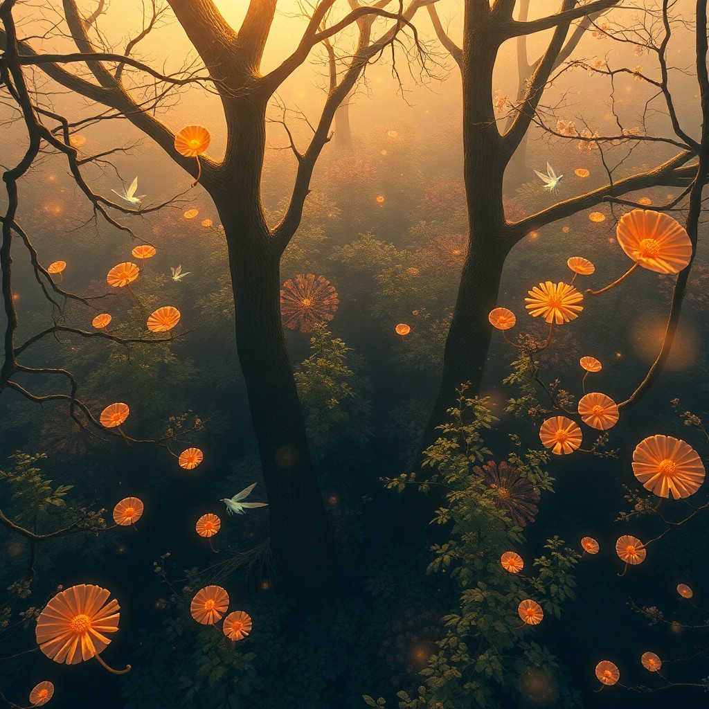 AI generated art for prompt: A captivating digital artwork evokes the enchanting atmosphere of an otherworldly forest bathed in t