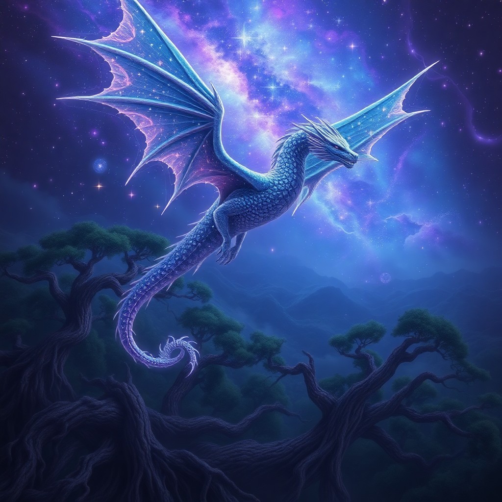 AI generated art for prompt: A captivating digital artwork captures the essence of an ethereal dragon soaring through a mesmerizi