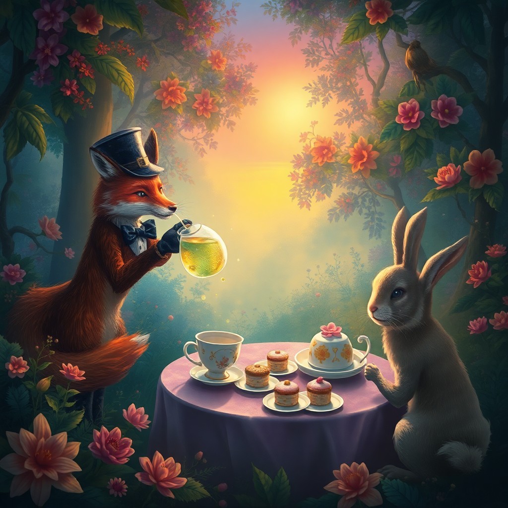 AI generated art for prompt: Imagine a whimsical digital painting set in an enchanted forest at twilight, capturing a surreal tea