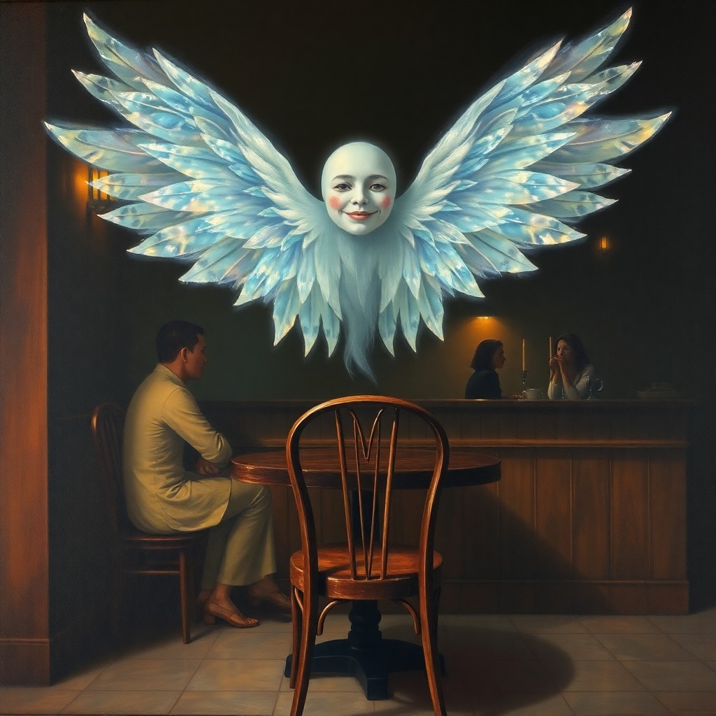 AI generated art for prompt: A captivating oil painting unveils an enigmatic café scene where two ethereal figures sit at a dimly