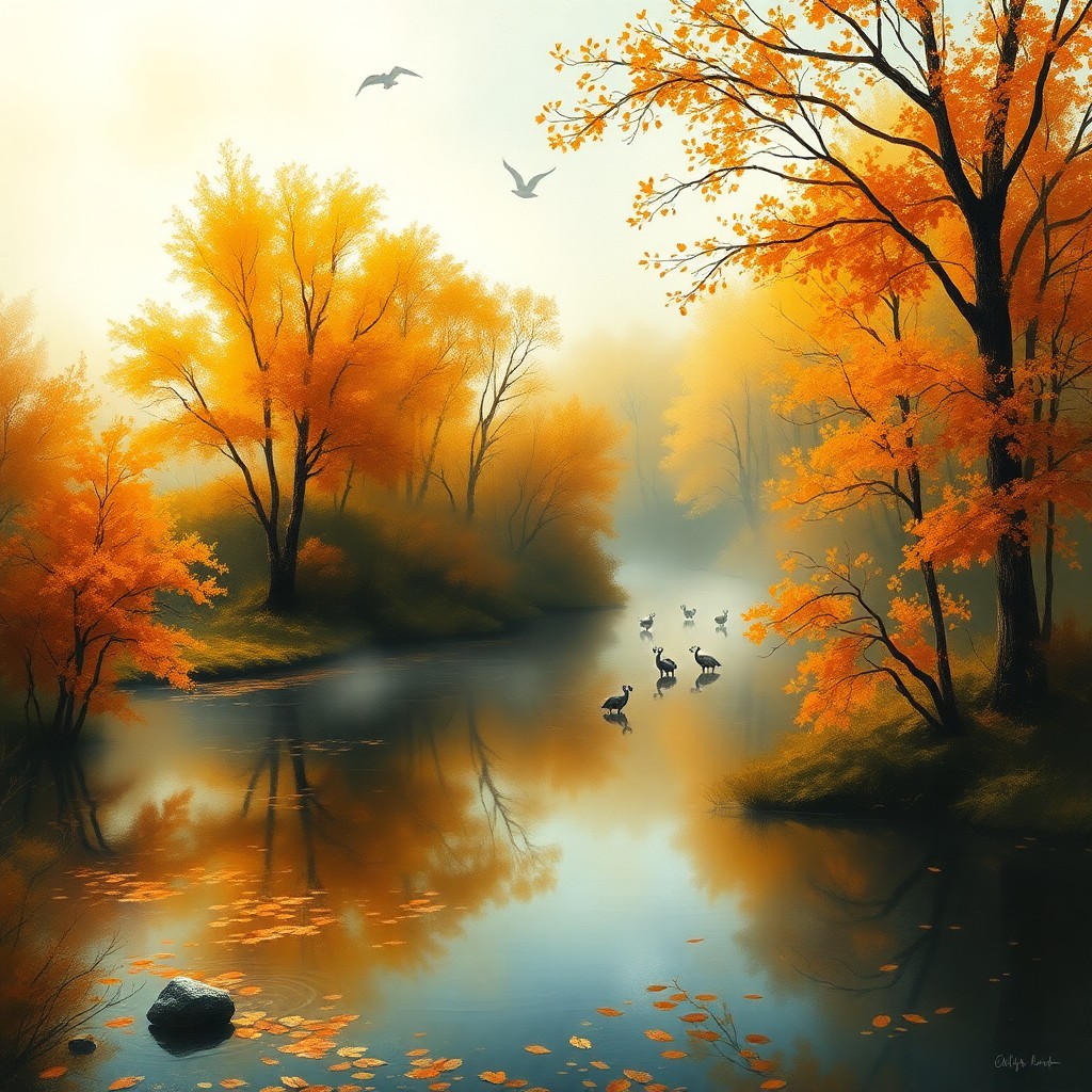 AI generated art for prompt: Imagine an enchanting autumn scene, reminiscent of expressive brushwork and bold color choices. A se