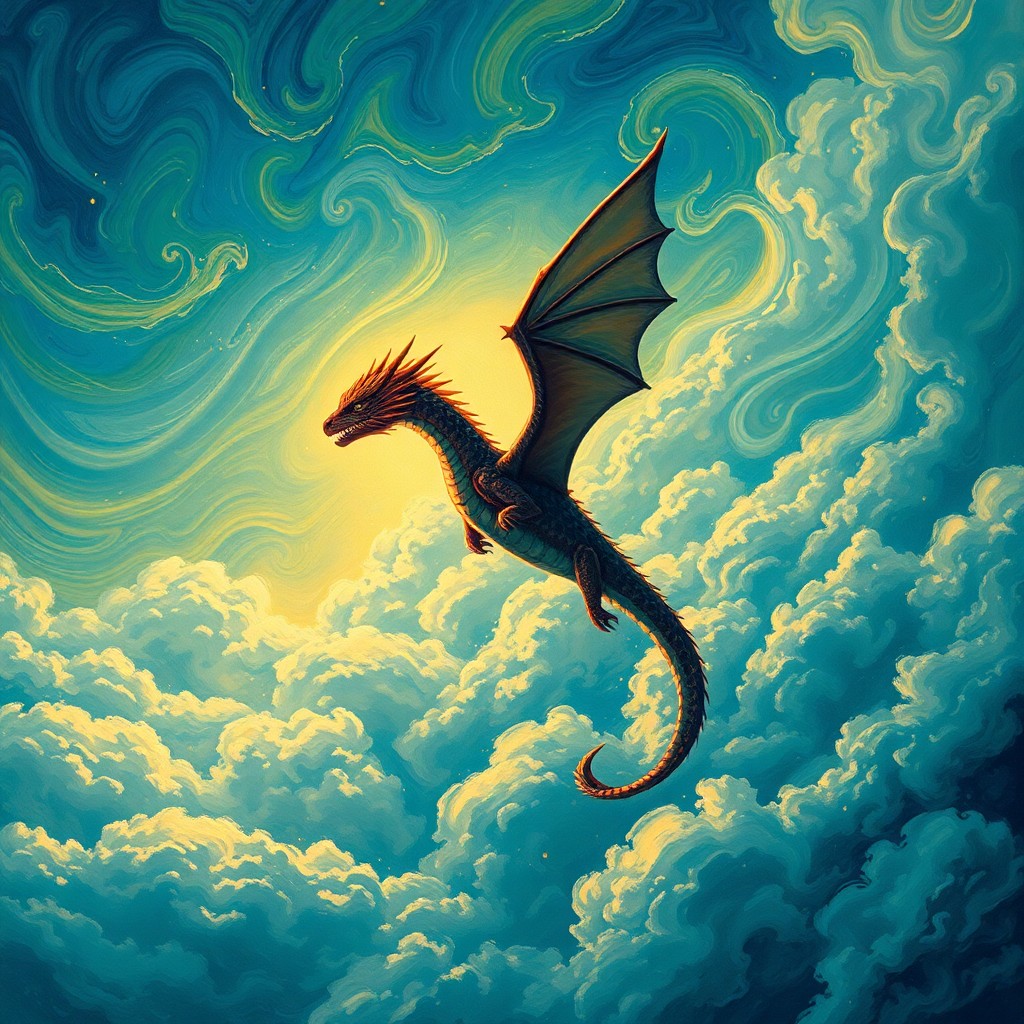 AI generated art for prompt: A majestic dragon gracefully glides through an enchanting sky filled with swirling clouds in a capti