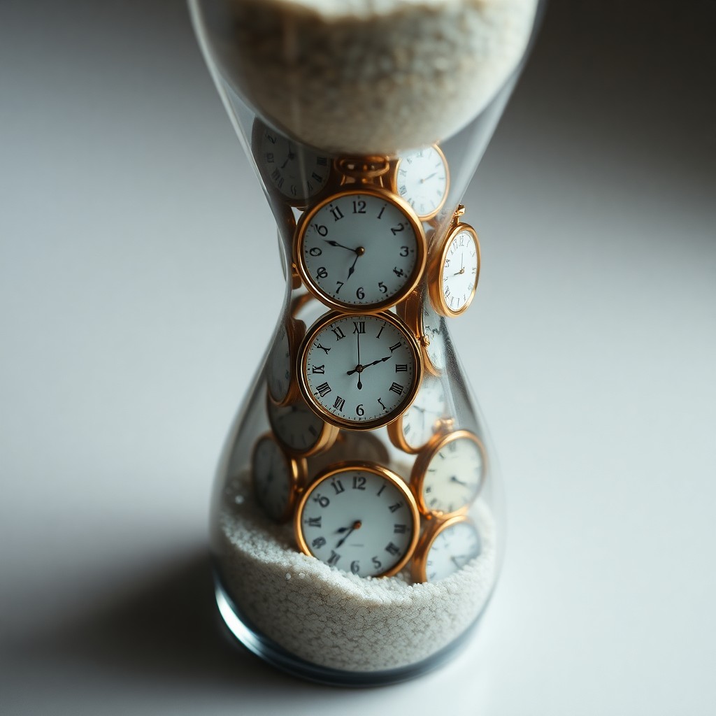 AI generated art for prompt: Create an image showcasing an hourglass with detailed timepieces instead of sand, each displaying a 