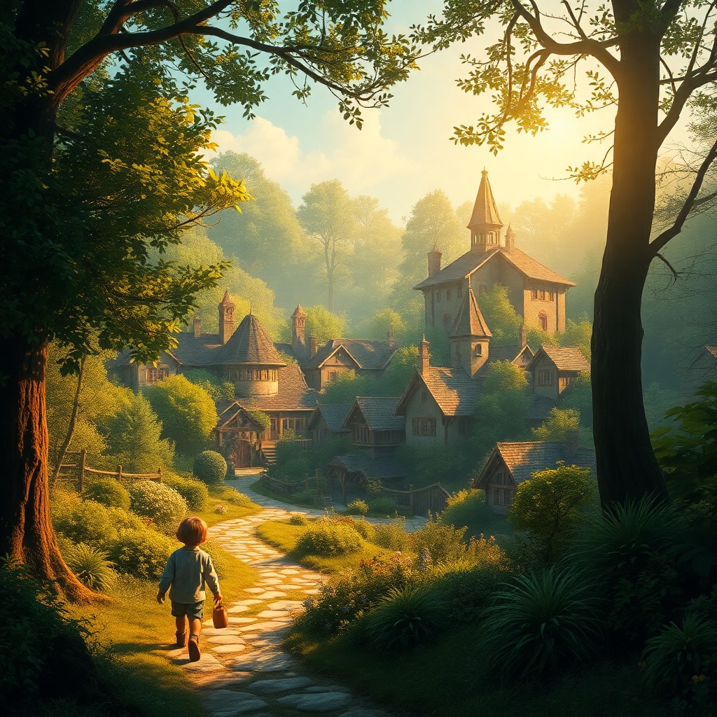 AI generated art for prompt: A captivating digital artwork depicting an idyllic village nestled within a verdant forest, reminisc