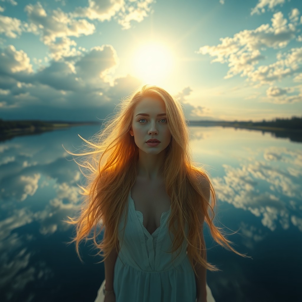 AI generated art for prompt: A surreal digital art portrait captures an enigmatic woman with flowing golden hair illuminated by a