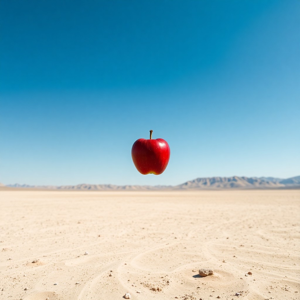 AI generated art for prompt: Craft an image that embodies surrealism, capturing a close-up view of a striking red apple suspended