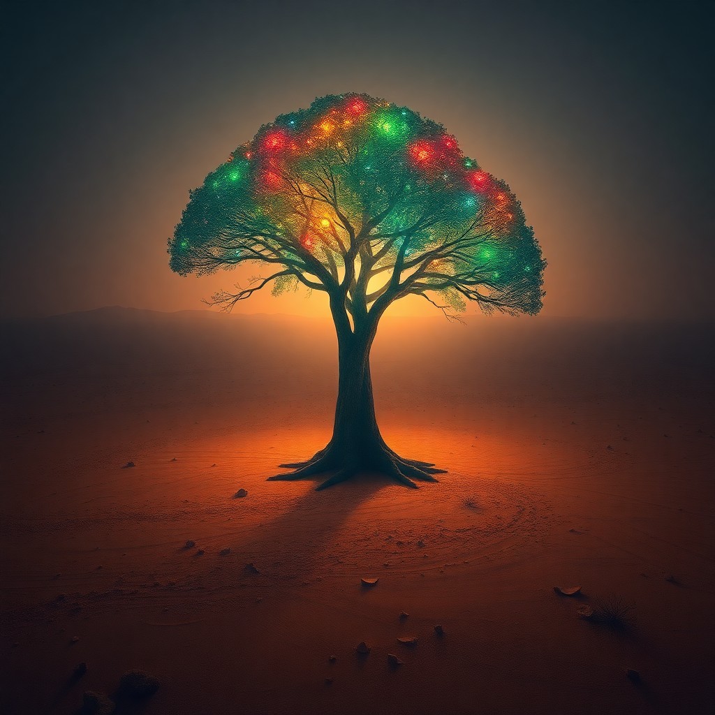 AI generated art for prompt: Envision a fantastical landscape where an awe-inspiring tree stands tall amidst a barren desert, its