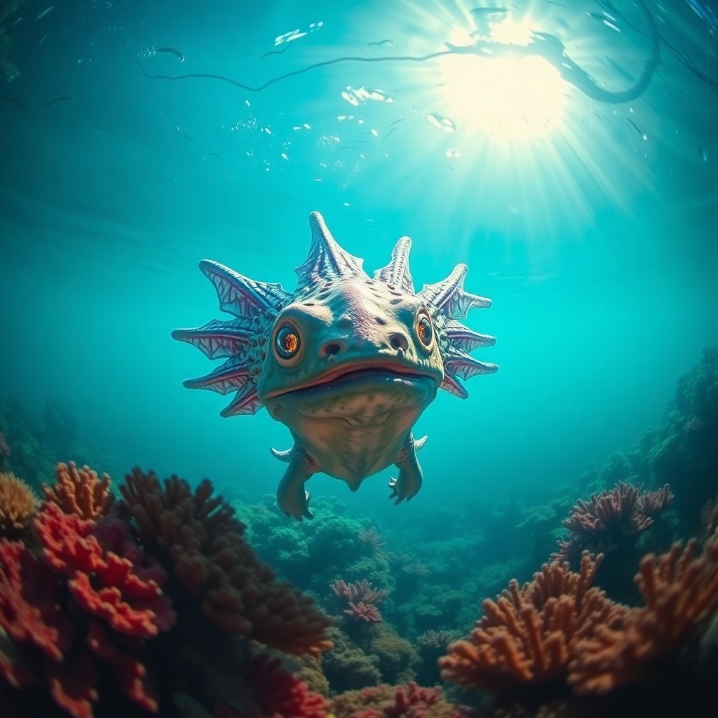 AI generated art for prompt: A fantastical creature with iridescent scales and luminous eyes emerges from a vibrant coral reef, s