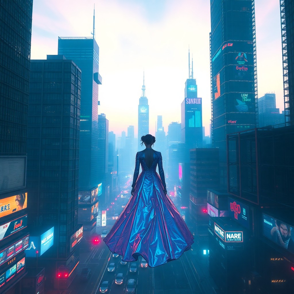 AI generated art for prompt: A surreal digital artwork depicting an enigmatic cyberpunk cityscape at twilight, where towering sky