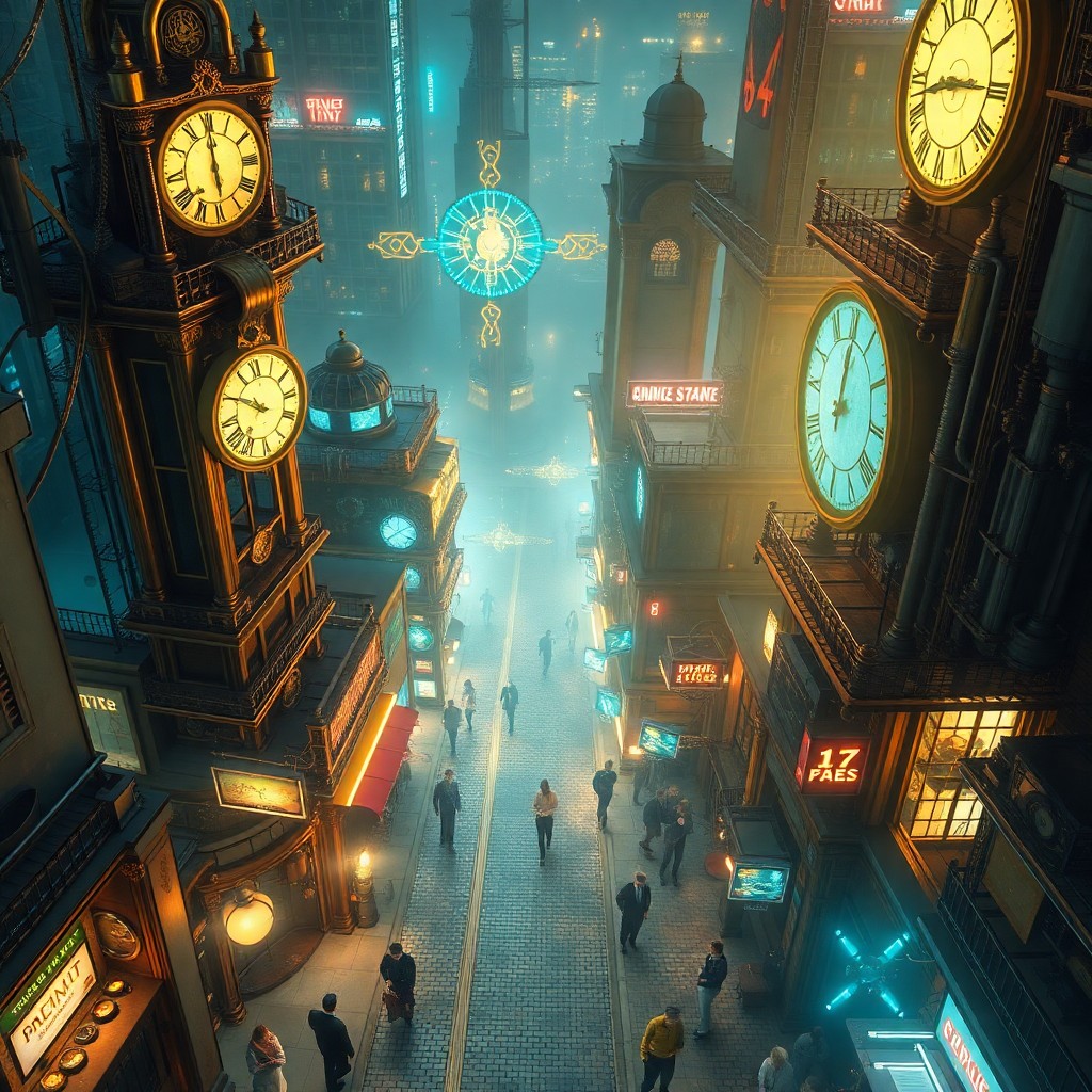 AI generated art for prompt: An aerial view reveals a bustling steampunk cityscape bathed in the soft glow of neon lights, castin