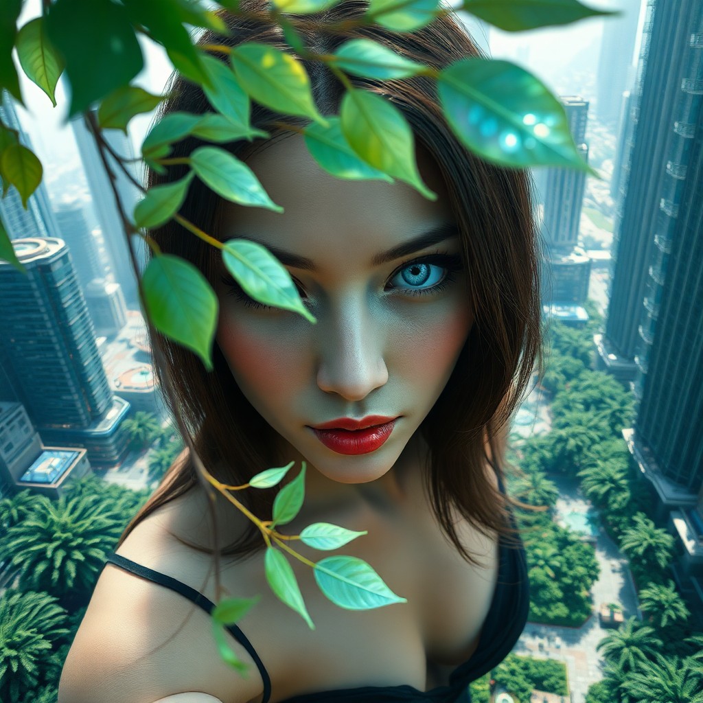 AI generated art for prompt: A digital art portrait showcases an enigmatic woman with captivating azure eyes, her face partially 