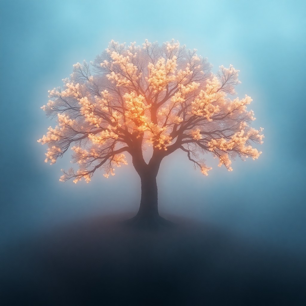 AI generated art for prompt: A dreamlike landscape arises from the misty expanse, revealing an impressive tree adorned with radia