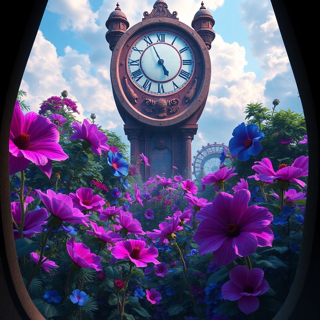 AI generated art for prompt: Envision a fantastical dreamscape where a colossal timekeeper looms over an enchanting garden filled