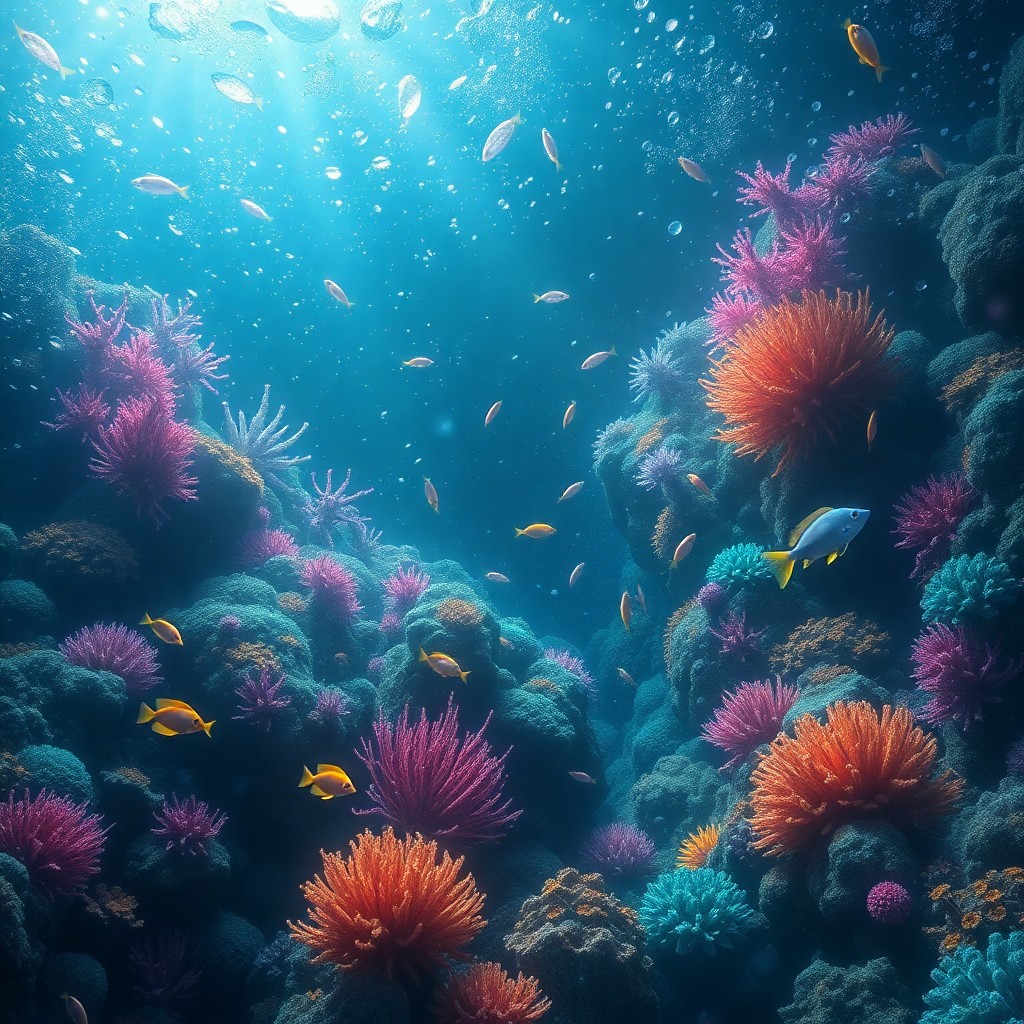 AI generated art for prompt: A mesmerizing digital artwork depicting an ethereal underwater paradise filled with vibrant flora an