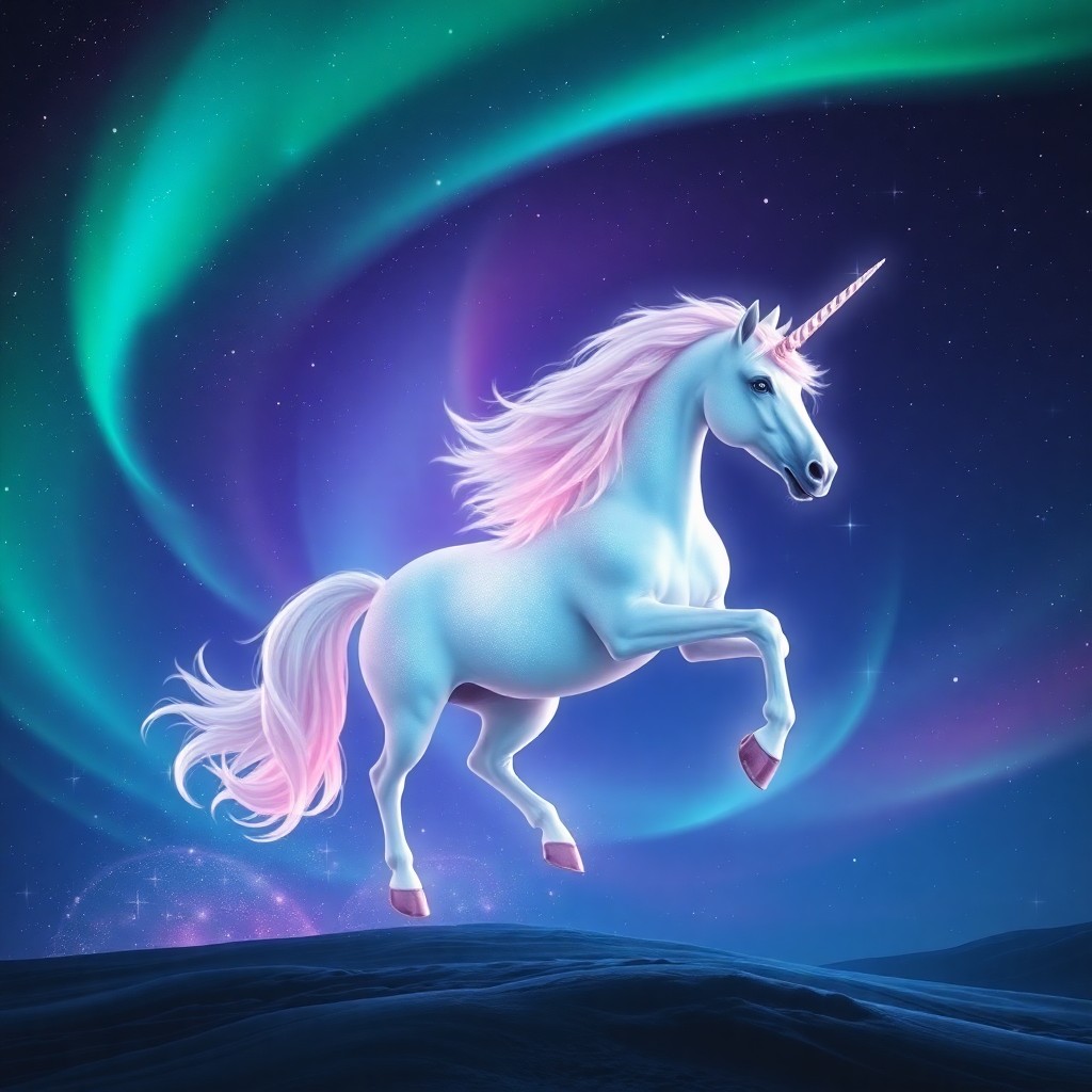 AI generated art for prompt: A mesmerizing digital artwork portrays a regal unicorn gracefully galloping through an enchanting au