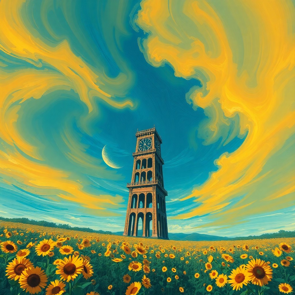 AI generated art for prompt: A surreal landscape unfolds where an imposing tower dominates the skyline, its intricate details cas