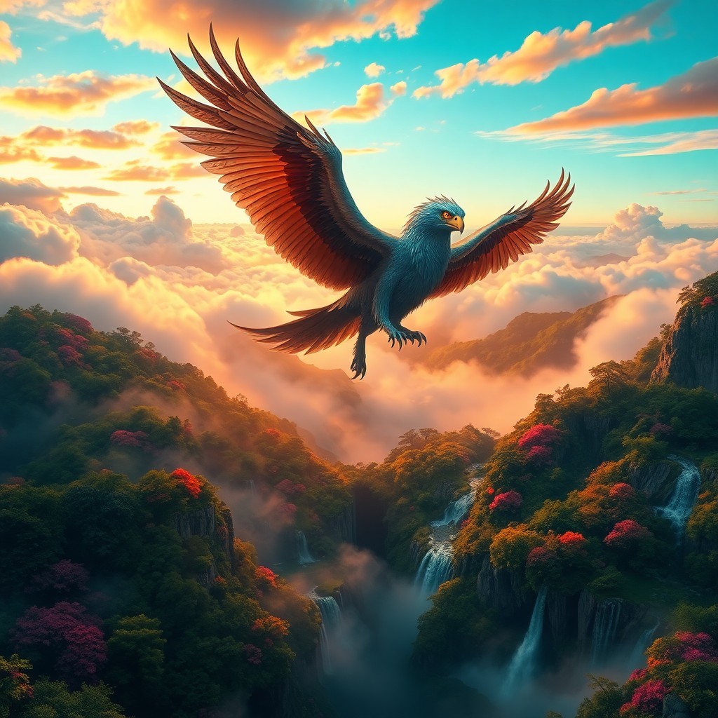 AI generated art for prompt: Depict a fantastical landscape from an aerial perspective resembling that of a mythical creature soa