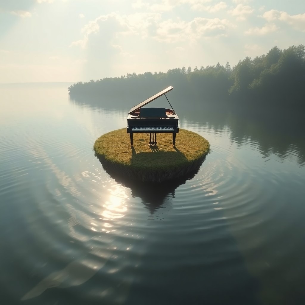 AI generated art for prompt: Create an enchanting scene with a grand piano placed atop a floating island in a serene lake, remini